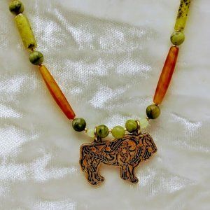 *COW HORN & JASPER STONE NECKLACE* TRIBAL/NATIVE*BOVINE/COW HORN/UNISEX